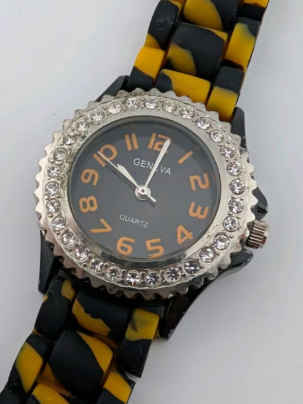 Geneva Watch Women 30mm Case Black & Yellow Silicone Band- New Battery
